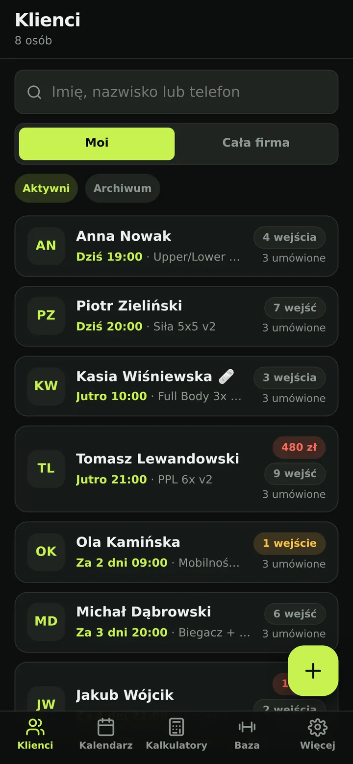 TrainGain – lista klientów z najbliższymi treningami i pozostałymi wejściami