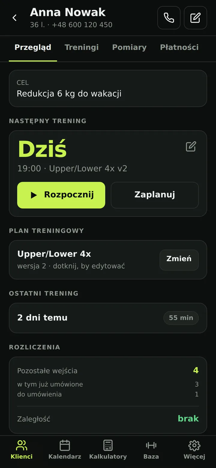 TrainGain – karta klienta z celem, planem i rozliczeniami